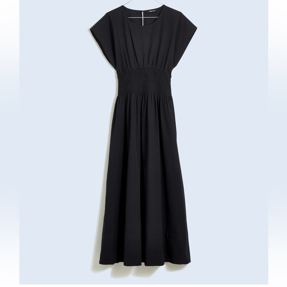 Madewell Smocked Waist Midi Dress Stripe Seersucker Linen Blend Black XS NWT - Picture 5 of 13